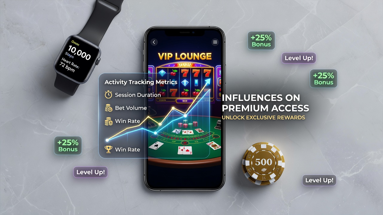 Mobile app interface displaying activity metrics for slots and table games with progress indicators for premium tier access