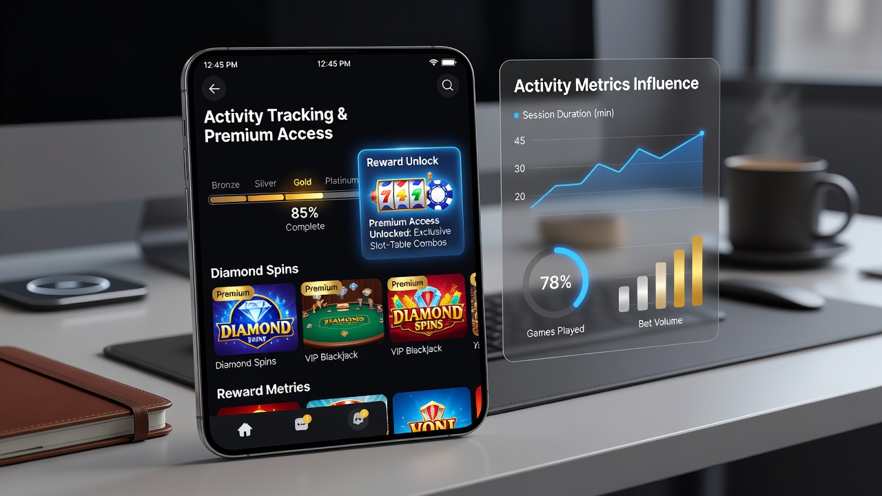 Analytics dashboard showing combined slot and table game activity influencing VIP progression bars and reward eligibility indicators