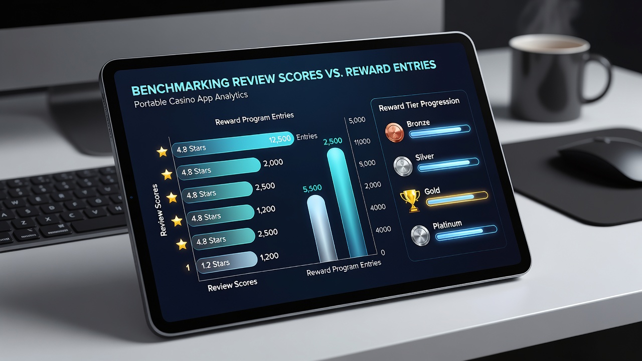 Chart comparing benchmarked review scores to reward program entry requirements across multiple portable casino applications