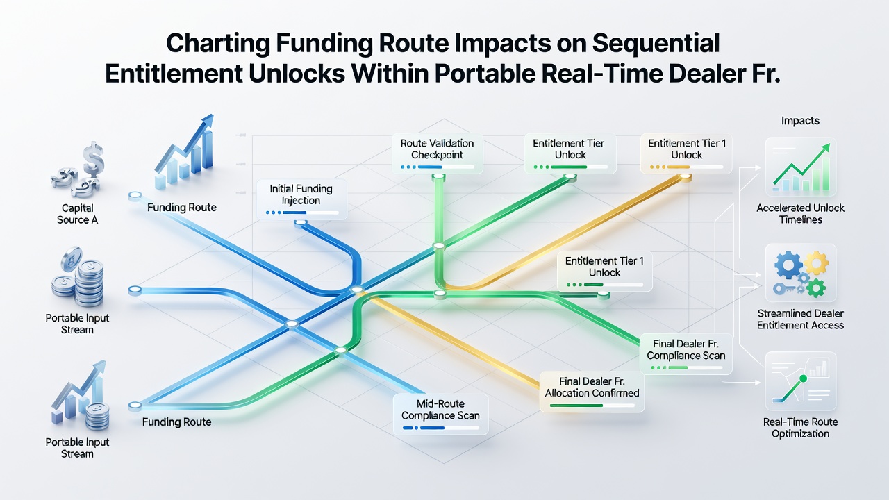 Analytics dashboard displaying funding route correlations with entitlement unlock timelines in a live dealer mobile app