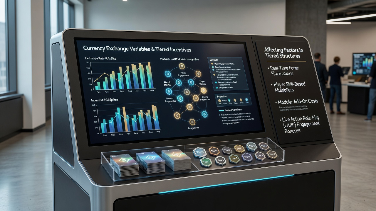 Portable live action gaming module interface displaying multi-currency tiered incentives and exchange rate indicators