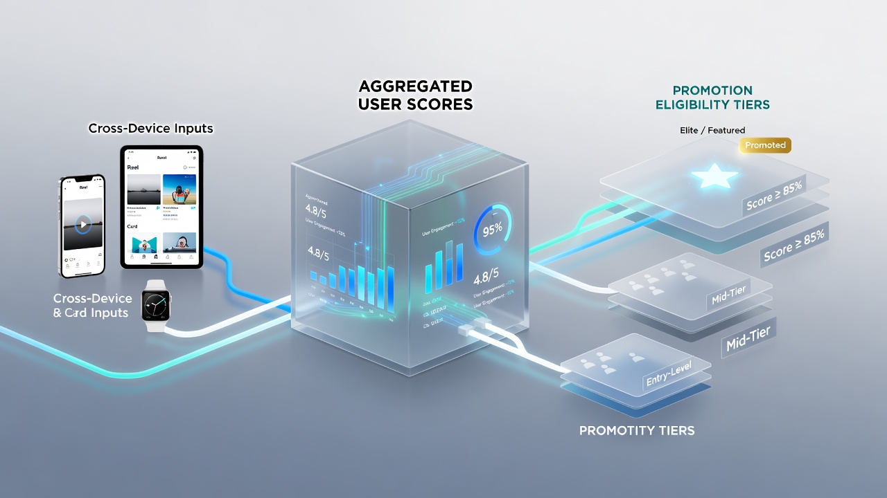 Analytics dashboard displaying promotion eligibility tiers linked to aggregated user scores in reel and card applications