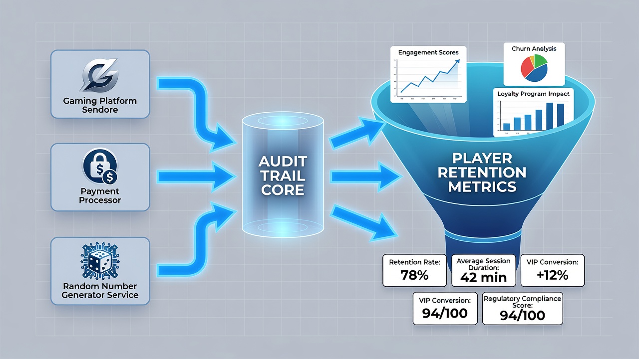 Data flow diagram illustrating how vendor audit logs integrate with retention analytics dashboards in regulated wagering systems
