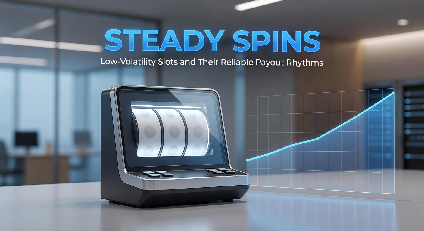 Vibrant slot machine reels spinning steadily with frequent small coin payouts cascading down, illustrating consistent low-volatility wins